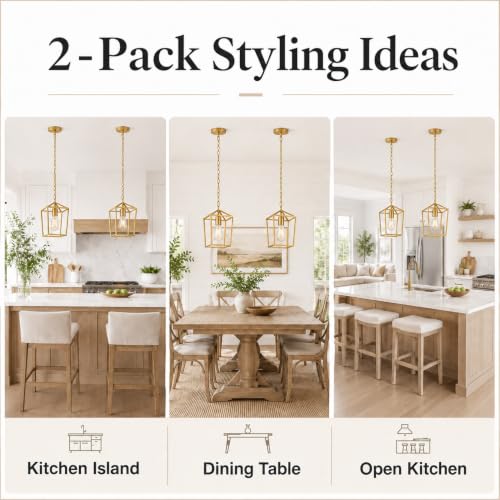 Image of Phaosio Gold Pendant Lights Kitchen Island, Modern Farmhouse Light Fixture | Metal Cage Pendant Light Fixture, Adjustable Height, Sloped Ceiling, Kitchen Lighting for Dining Room, Entryway, Foyer,2 Pack