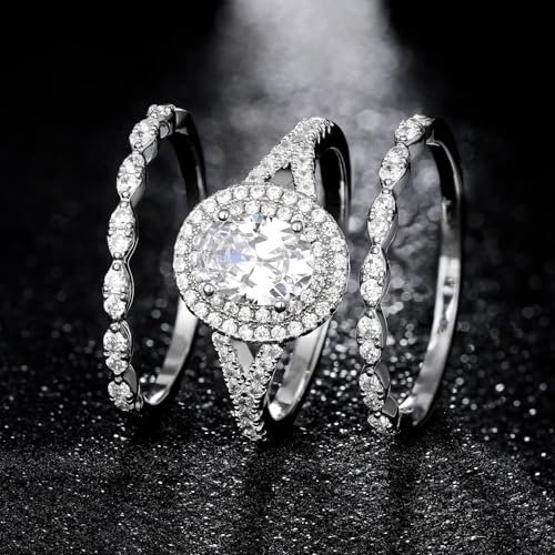 MDFUN 18K White Gold Plated Promise Ring for Women Cubic Zirconia Stackable Ring Set Three-in-One Oval Halo Wedding Engagement Promise Eternity Band4