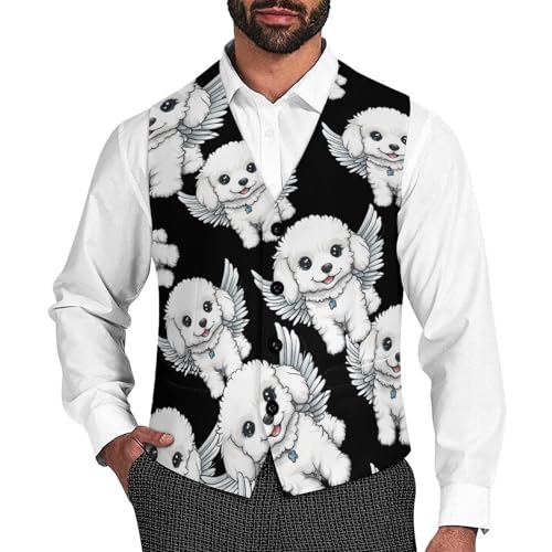 Bichon Frise Angelswing Men's Suit Vests Business Formal Dress Vest V-Neck Waistcoat for Wedding Casual