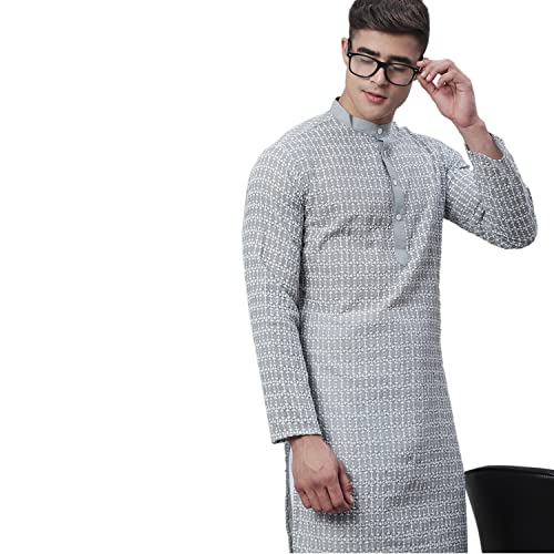 Image of SOJANYA (Since 1958 Men's Pure Cotton Blue Kurta with White Embroidery and White Pyjama Set
