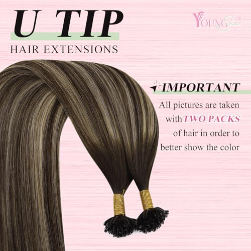 Image of YoungSee U Tip Hair Extensions Human Hair Balayage Utip Hair Extensions Ombre Dark Brown with Ash Blonde Utips Hair Extension Real Human Hair Ombre Ktip Extension for Long Hair 24In 1G /S 50G