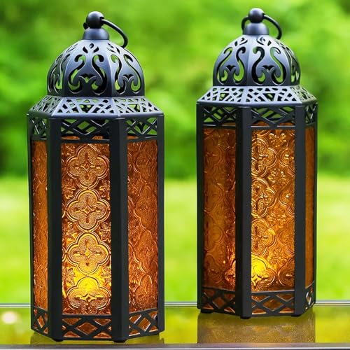 VELA LANTERNS 2pk Moroccan Candle Lantern Decorative Candle Holder Lamp for Table or Hanging, Indoor Home Decor, Outdoor Patio or Porch, Weddings, Black Metal, Medium, Amber Glass