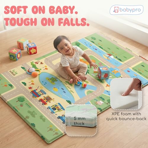 Image of BabyPro 5mm Reversible Baby Playmat, 6 x 5 ft Foldable Mat, Play Trails | Waterproof, BPA-Free XPE Foam, Non-Toxic Bounce-Back Cushion, XL