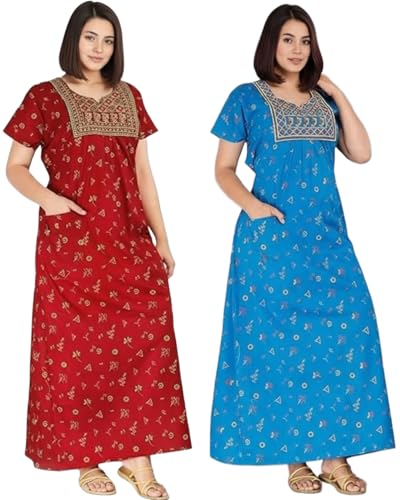 Image of Women's Cotton Jaipuri Nighty Gown - Pack of 2 Rajasthani Print Maxi Night Dress with Pocket - Soft & Comfortable Ladies Sleepwear & Loungewear
