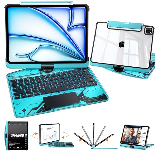 Image of Transparent Keyboard Case for iPad Air 11 inch (M3 2025 /M2 2024), Air 5th /4th Gen 10.9 inch & iPad Pro 11 inch (4th-1st) - Multi-Touch Trackpad, 360 Rotating Stand, 7-Color Backlit, Pencil Holder,Blue