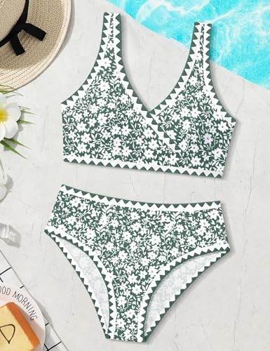 Image of KANGKANG Girls Swimsuit Bikini Set Solid Color V-Neck Two Piece Bathing Suit with Chest Pad Adjustable Straps Swimwear 7-16T