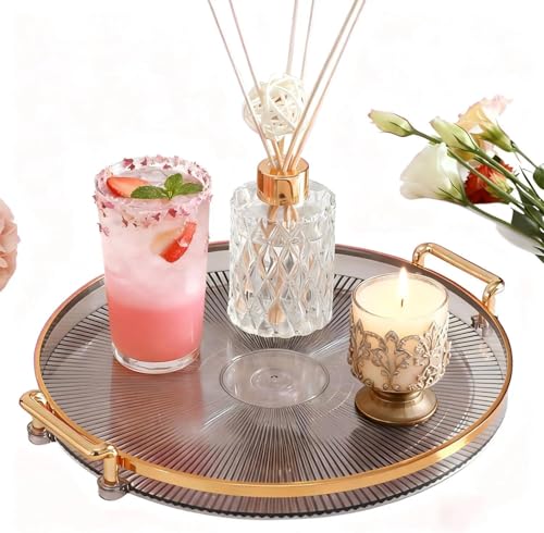 Tissting Bandeja Redonda con Asas, Antracita Oro Bandeja Redonda Transparente para Servir Pan Simple Fruta Postre Merienda Plato de Dulces para Cocina, Baño, Sala de Estar