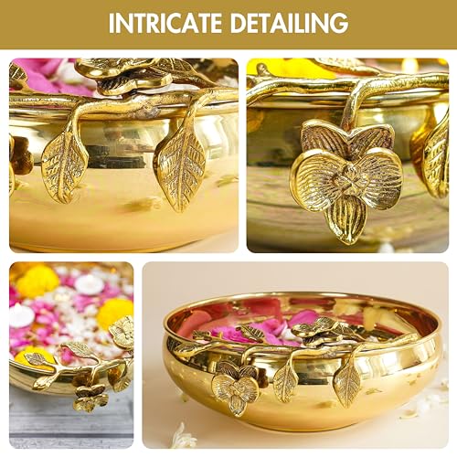 Image of BEHOMA Flower Design Brass Urli Decor Bowl, 10 inch | Flower-design brass urli bowl, 10 inch; golden centerpiece for haldi, mehndi, wedding & Diwali decor.