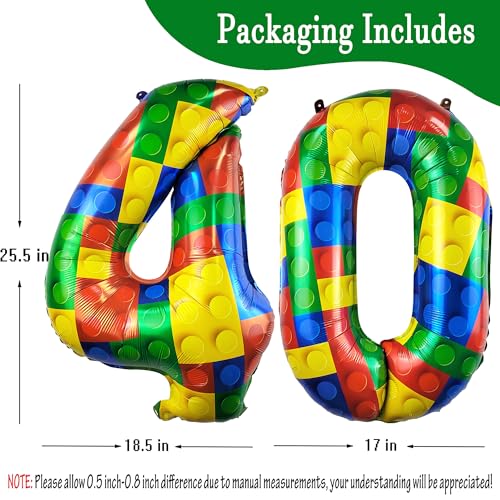Image of 32 Inch Building Block Number 40 Balloons birthday Block Themed Large Big Helium Foil Mylar Balloon for Girls Boys Birthday Party Decoration Supplies