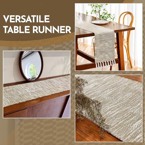 Image of Luxe Home Elegant Beige and White Woven Table Runner with Tassels - Mix Cotton Jute 13 x 74 Inch, Textured - Perfect for Dining Table, Center Table, Decor