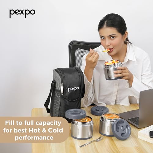 Image of Go24 pexpo Extreme Smart Stainless Steel Triple-Container Vacuum Insulated Lunch Box with Cutlery for Office and Travel, (350ml x 3 Containers),Microwave Safe | Heavy Duty | Airtight | Matte Finish