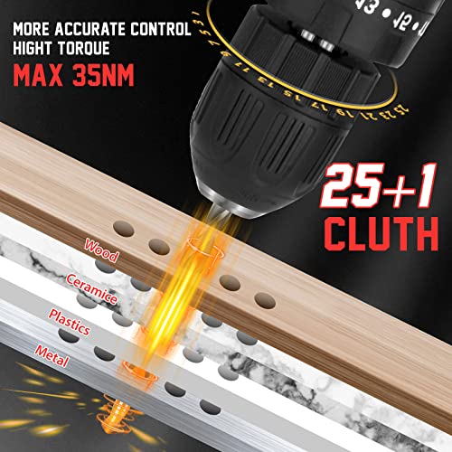 Akkuschrauber,Zateety 34 Pcs Zubehör 12v Akku Bohrschrauber Set Mit 2 Akkus 2000mAh,35 Nm Drehmoment, Drehmomentklasse 25+1,2-Gang,LED-Leuchten für Heimwerker&Wandbohrer, Holz, Metall(Rot) – Bild 5