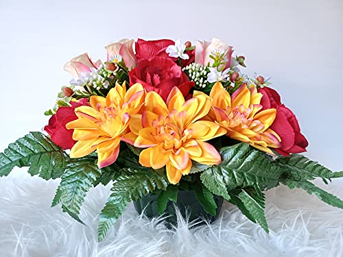 Roselynexpress Composition de Fleurs Artificielles Lesté Ciment pour Une Parfaite Tenue à L' Extérieur. Réalisé par Nos Soins, Les Fleurs sont Aussi de Très Bonne Qualité.