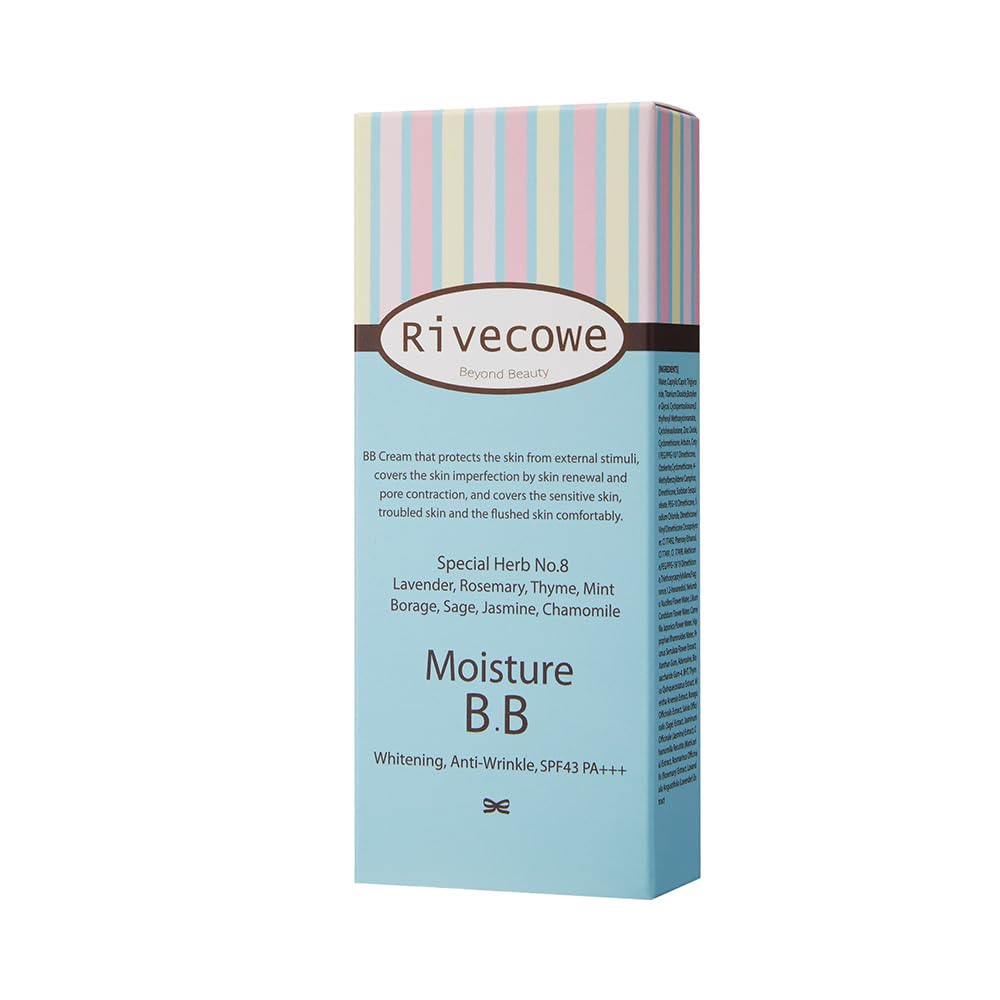 RIVECOWE BB Krem, Nemlendirici Etkili, Bej, Lavanta ve Bitki Özleri İçeren, Temiz Cilde Eşit Uygulama, İpeksi Pürüzsüz Görünüm, Krem Form, SPF 43 PA+++, Evrensel Ton, Tüm Cilt Tipleri, 40 ML