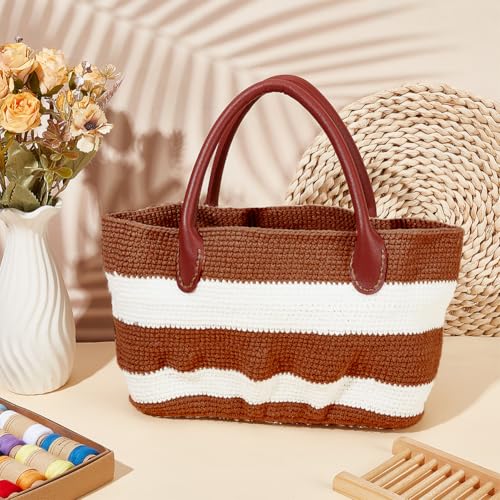 Image of ORIGACH DIY Crochet Handbag Kit for Beginners, Dark Brown Striped Tote Bag with PU Leather Band and Base, Complete Crochet Set to Make a Bag, Include Yarn, Hooks, Markers and Instruction