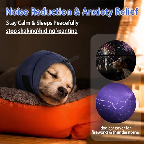 Image of MIGOHI Small Dog Ear Muffs Lightweight, Calming Hoodie for Fireworks & Thunderstorms, No Shake Ear Wrap Dog Hematoma, Soft Adjustable Head Cover for Dogs Bath Grooming, Chihuahua Yorkie, Blue S