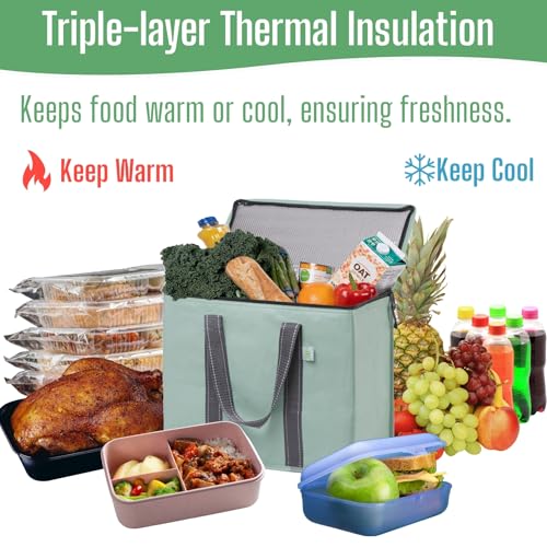 Image of VENO 2 Pack Insulated Grocery Bags, Hard Bottom, Light Green | Heavy Duty, Water-Resistant, Reusable Shopping Bags, Foldable, Zippered, Easy Clean, Food Delivery, Grocery Shopping, Picnic