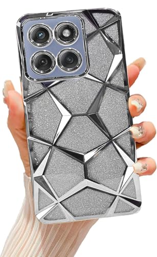 Image of VONZEE Gradient Glitter Case for Moto Edge 60 Fusion, Luxury Electroplated 3D Cube, Diamond Bling Shiny Soft TPU Clear Shockproof Women Girls Protective Phone Cover (Silver)
