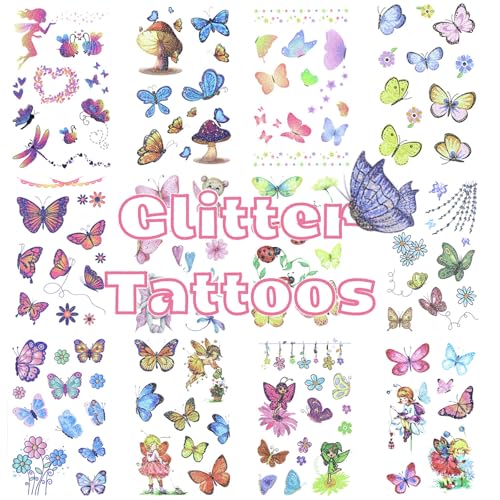 12 Feuilles de Tatouage Pailletés Papillon Tatouage Éphémère, Tatouages Fille Paillettes, Tatouages Ephemere Papillon pour Enfant, Stickers Petit Cadeau...