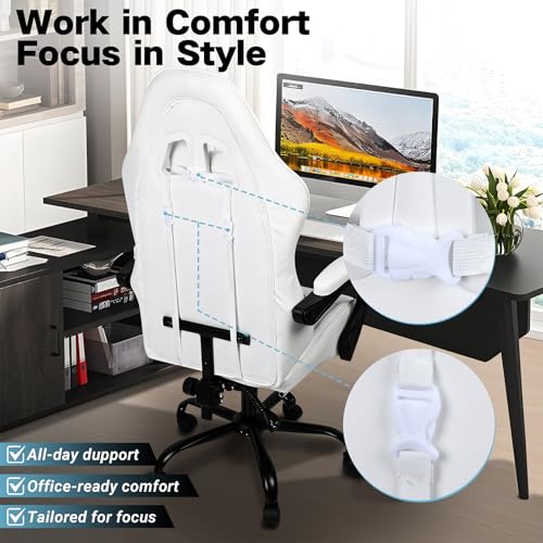 Image of Gaming Chair, Ergonomic Computer Chair with Footrest and Lumbar Support, Height Adjustable Office Chair with 360 Swivel Seat and Headrest (White)