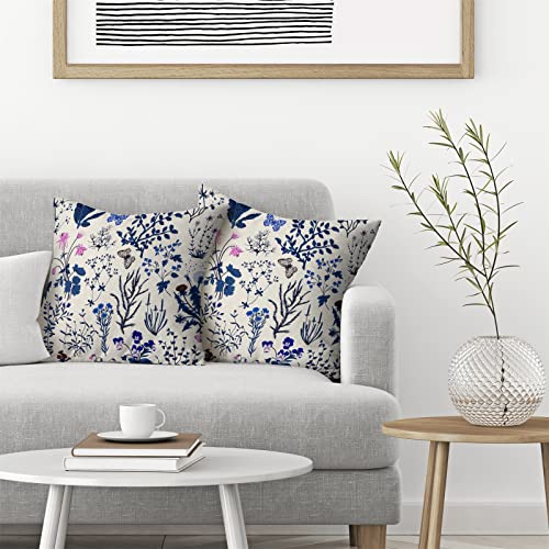 Image of AEIOAE Summer Pillow Covers 18x18 Inch Set of 2,Navy Blue Wild Flower Plant Throw Pillows Case,Seasonal Floral Outdoor Decorative Square Linen Farmhouse Decor Cushion Covers for Home Sofa Bed Couch