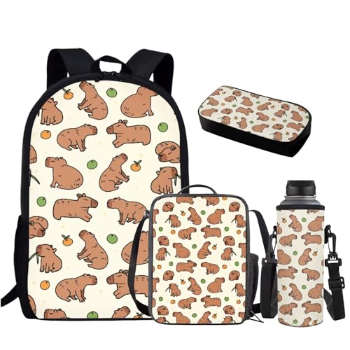 Capybara School Backpack for Girls 6-8 Kids School Bag School Supplies for Girls Kawaii Bookbag Set with Lunch Box Pencil Case Lightweight Kindergarten Rucksack Children's Back Pack