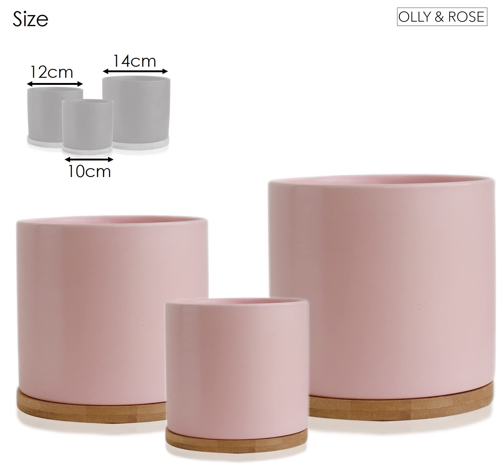 Olly & Rose Juego de 3 macetas de cerámica con platillos de bambú, color rosa pastel, para interiores, macetas de cerámica, recipientes, para exteriores, grandes, medianas y pequeñas con platillos