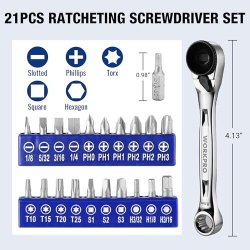 Image of WORKPRO 1 /4 inch Mini Ratchet Wrench Set with Screwdriver Bit Set, 72-Tooth | Right Angle Screwdriver, 90 Degree Offset Ratcheting Screwdriver, for DIY, Auto Repair, 21PCS