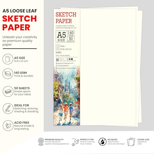 Image of PaperO A5 Sketch Loose Leaf Paper /Drawing Sheets | 140 GSM | 50 Sheets | Size (21 x 14.5 cm) | Ideal for Artists & Designers