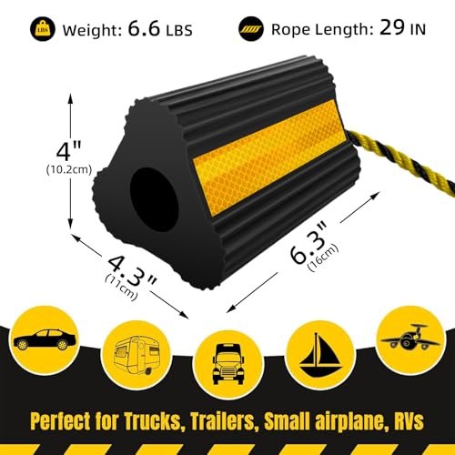 HOXWELL Wheel Chocks (2pair/4pack with Rope) for RV Trailer Camper Truck Car Aircraft, Versatile Heavy Duty Rubber Wheel Chocks Block with 3 Reflective Strips, Tire Wheel Immobilizers & Chocks by HOXWELL - Image 2