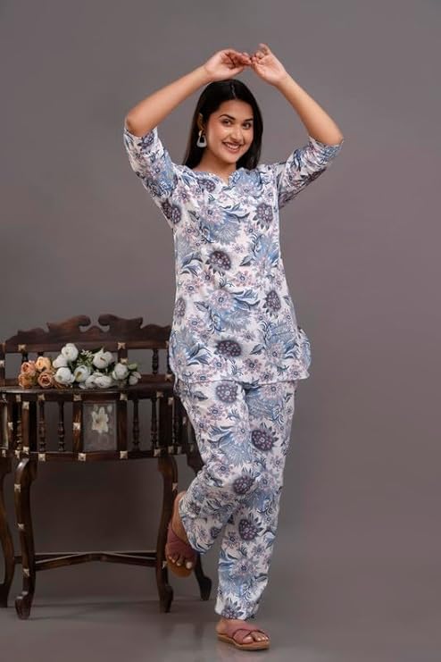 Image of Pure Cotton Printed Night Suit Set | Top Pyjama Set for Women | Night Dress of Kurta Pyjama Set for Women | Kurta Top Set