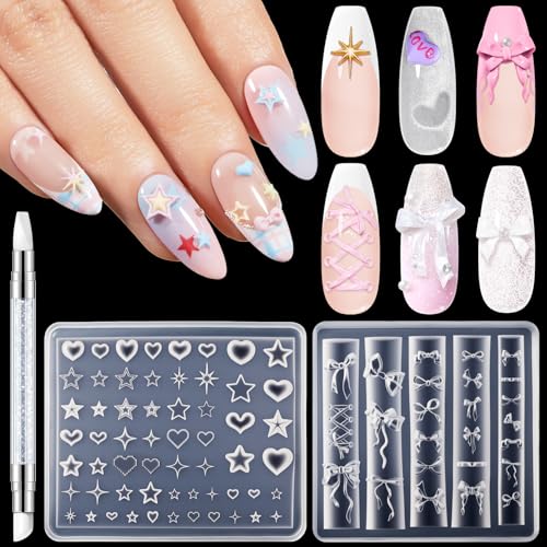 Image of modelones Silicone Nail Art Molds, 3D Multiple Bowknot& Star Designs with Carving Pen, Easy DIY Nail Mold for Gel & Acrylic, Reusable Nail Art Tools for Beginners & Professionals