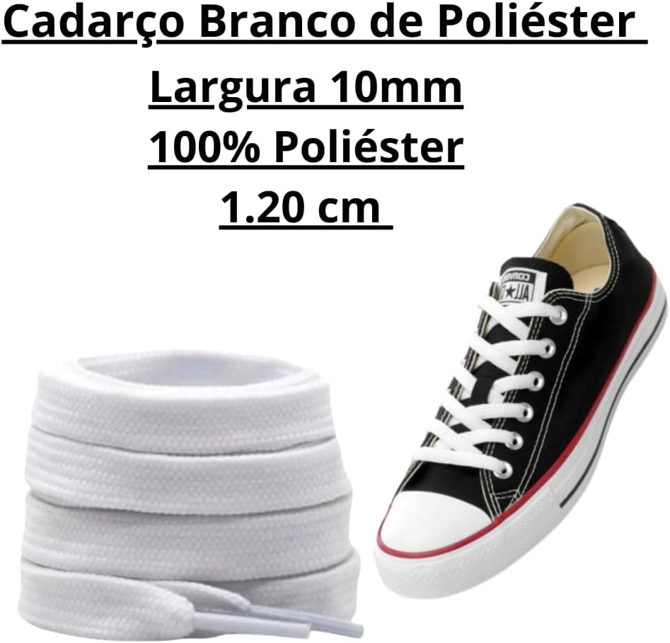 Cadarço Branco 1,20 cm 2 Pares, 100% Poliéster, Resistente, Compatível Com Todas as Marcas e Modelos combo com 2 Pares de Cadarço.