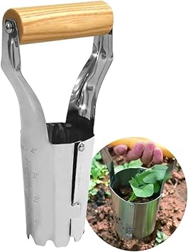 Bulb Planter Tool, 4 Inches Depth Mark Hand Bulb Planter, Non-Bending Stainless Steel Bulb Planter Digger, Garden Bulb Transplanter with Comfortable Grip Wooden Handle for Tulip and Daffodils