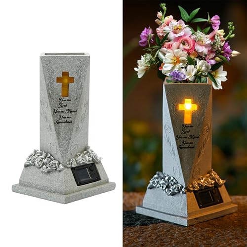 Solar Grabvase mit Sockel, 23cm Hoch Resin friedhofsvase mit Abflussloch & LED Licht, Grablampe für Friedhof Grabdekoration wetterfest, Solar Vase Outdoor Deko für Garten Grab Friedhof Allerheiligen