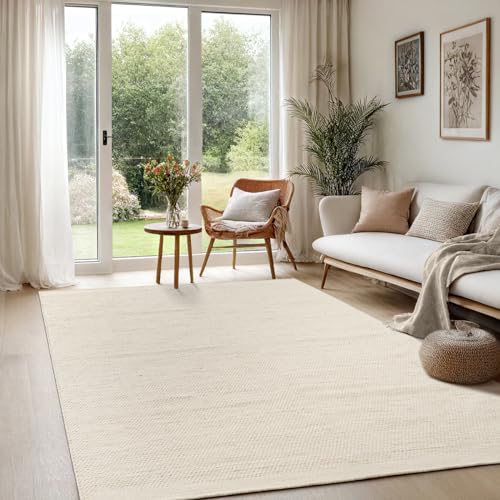 the carpet Deluxe Wool Tappeto in lana tessuto a mano con uno stile boho scandinavo naturale, lavoro artigianale per uno stile unico, crema Beige, 120 x 170 cm