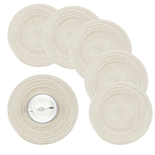 Homcomoda Braided Round Placemats Crossweave Heat Resistant Place Mats for Kitchen Table Set of 6-15 Inch(Beige)