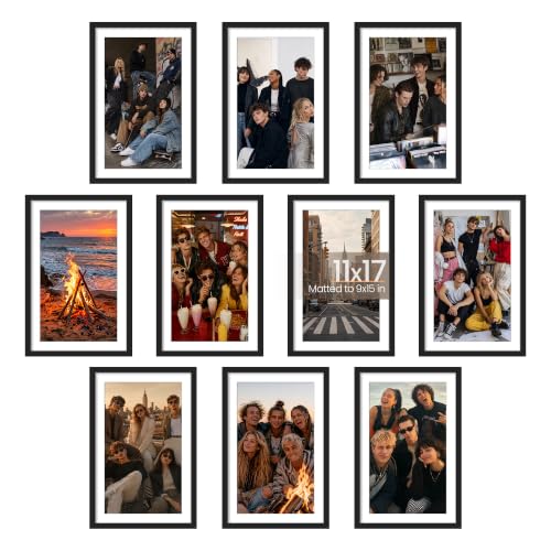 Image of upsimples 11x17 Picture Frame Set of 10, Display Pictures 9x15 with Mat or 11x17 Without, Multi Photo Frames Collage for Wall Display, Black | Fit 9x15 and 11 x 17 Photos, Wall or Tabletop Display, For Gallery Hallway Living Room, For Christmas