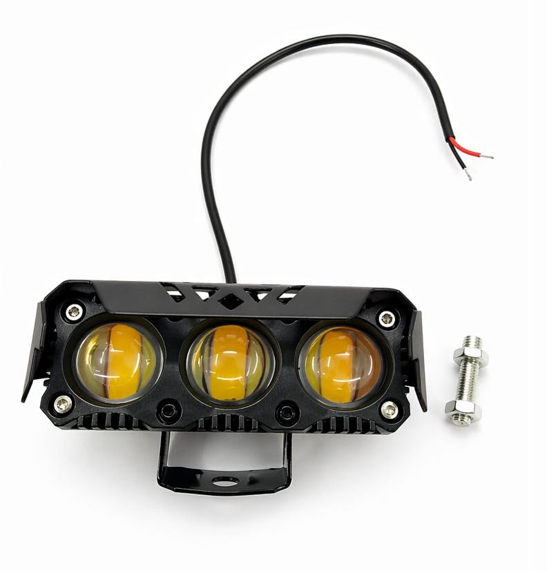 Image of 3 Lens LED Auxiliary Fog Light Amber Yellow | Waterproof Driving Lamp for Motorcycle & Scooter | Universal Fit 12V | Wide Beam Visibility | With Mounting Bracket