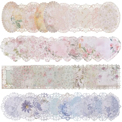 GORGECRAFT 40pz Papel Vintage con Bordes de Encaje 4 Estilos para Álbumes de Recortes Diseño Floral Corazón Ovalado Cuadrado Papel Decorativo Encaje Álbumes de Recortes Diarios Tarjetas Marcos