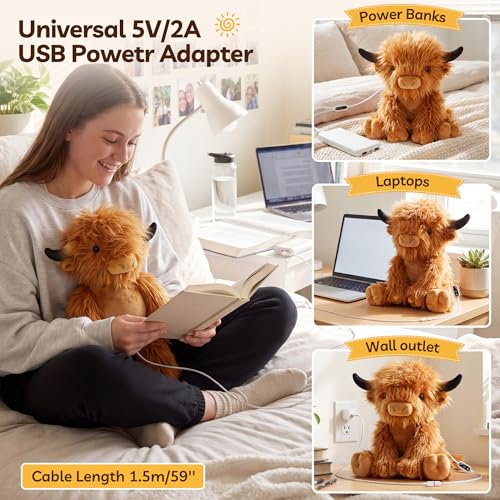 Image of Electric Heated Highland Cow, USB Heating Pad Stuffed Animal for Women | Soft warm plush with auto shut-off, ideal for stomach, belly, back and neck. Unscented design for period use.
