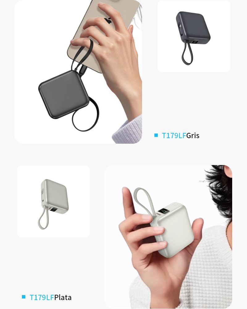 Batería Externa 12000mAh 44.4Wh PD 22.5W Carga Rápida USB-C Cargador iOS 3 Dispositivos Simultáneamente 2 Cables Integrados Compatible iPhone16,QC3.0,Salida USB-A/Type-C/iOS,Entrada Type-C,Plata