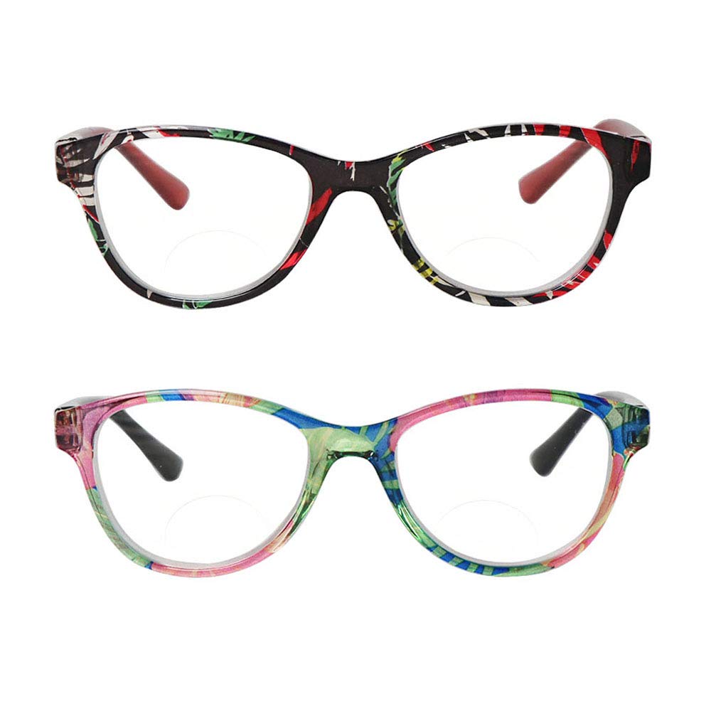 Hyyiyun 2 Pack Spring Hinge Bifocal Reading Glasses for Women,Cateye Designer Color Clear Lenses Readers