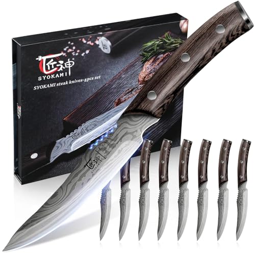 SYOKAMI Steak Knives Set of 8, 4.8 Inch Carbon Steel Japanese Style Non Serrated Dinner knives with...