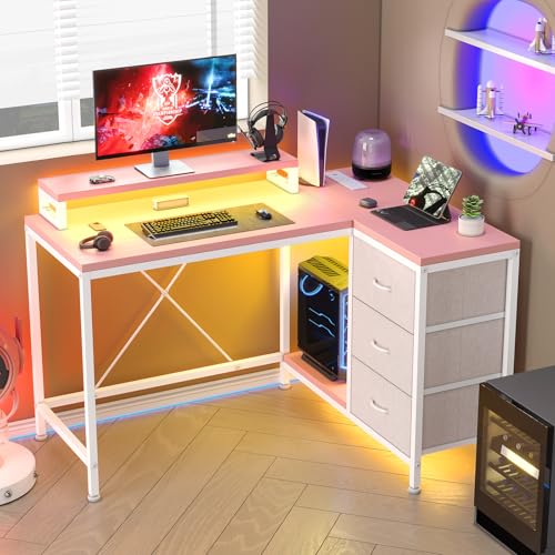 Image of Hetoy L-Shaped Gaming Desk with Power Outlets, Corner Desk with Drawers, Shelves & LED Lights, Computer Desk for Home & Office
