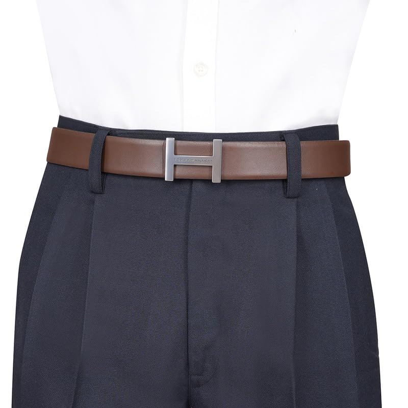 Image of Tommy Hilfiger Men'S Leather Reversible Belt Bulkeley - Matte Gunmetal H Buckle | Perfect For Formal And Casual Wear | Adjustable Waistband | Ideal For Gifting - S (80Cm)