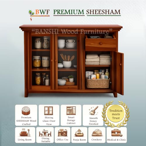 Image of BWF Premium Sheesham Shining Glass Door Storage Cabinet for Home, School, Office, Shop, Medical Clinic and Garage | Best Choice of Kitchen Crockery Storage | Wooden Chest |