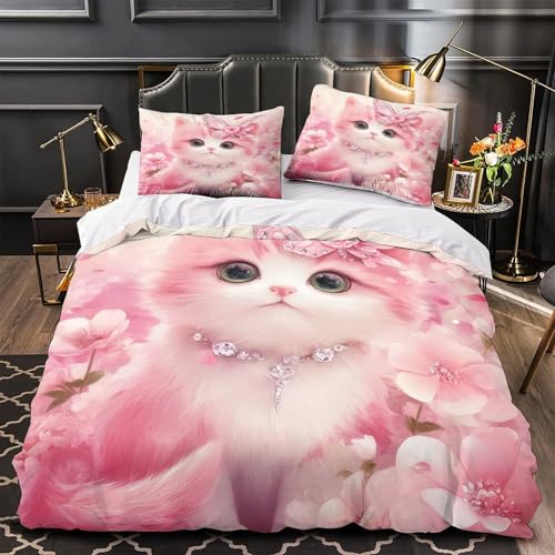 Housse de couette chaton rose en microfibre résistante effet 3D premium - 2