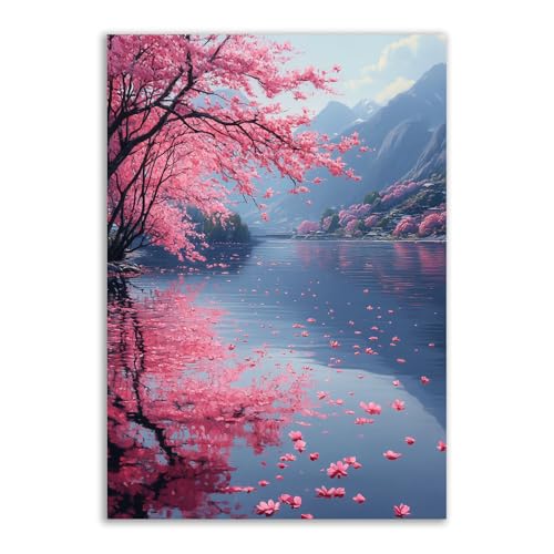 Fleurs de pecher tombant sur le lac tableau decoration murale chambre zen