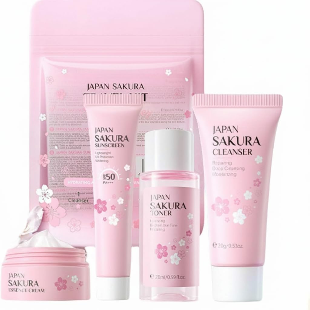 Sakura Travel Skincare Set for Teenage Girls - Face Routine Set for Women, 4 Piece Gentle Skin Cleaning & Care Travel Size Kit With Cleanser, Toner, sunscreen and Face Cream